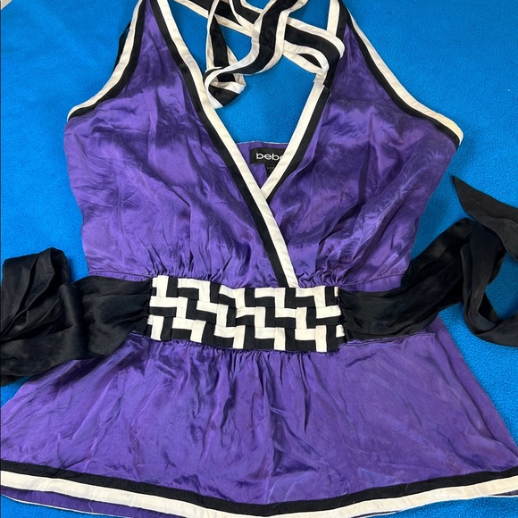 Bebe 2008 Silky Purple Peplum Deep Plunge Halter XS - Picture 13 of 16